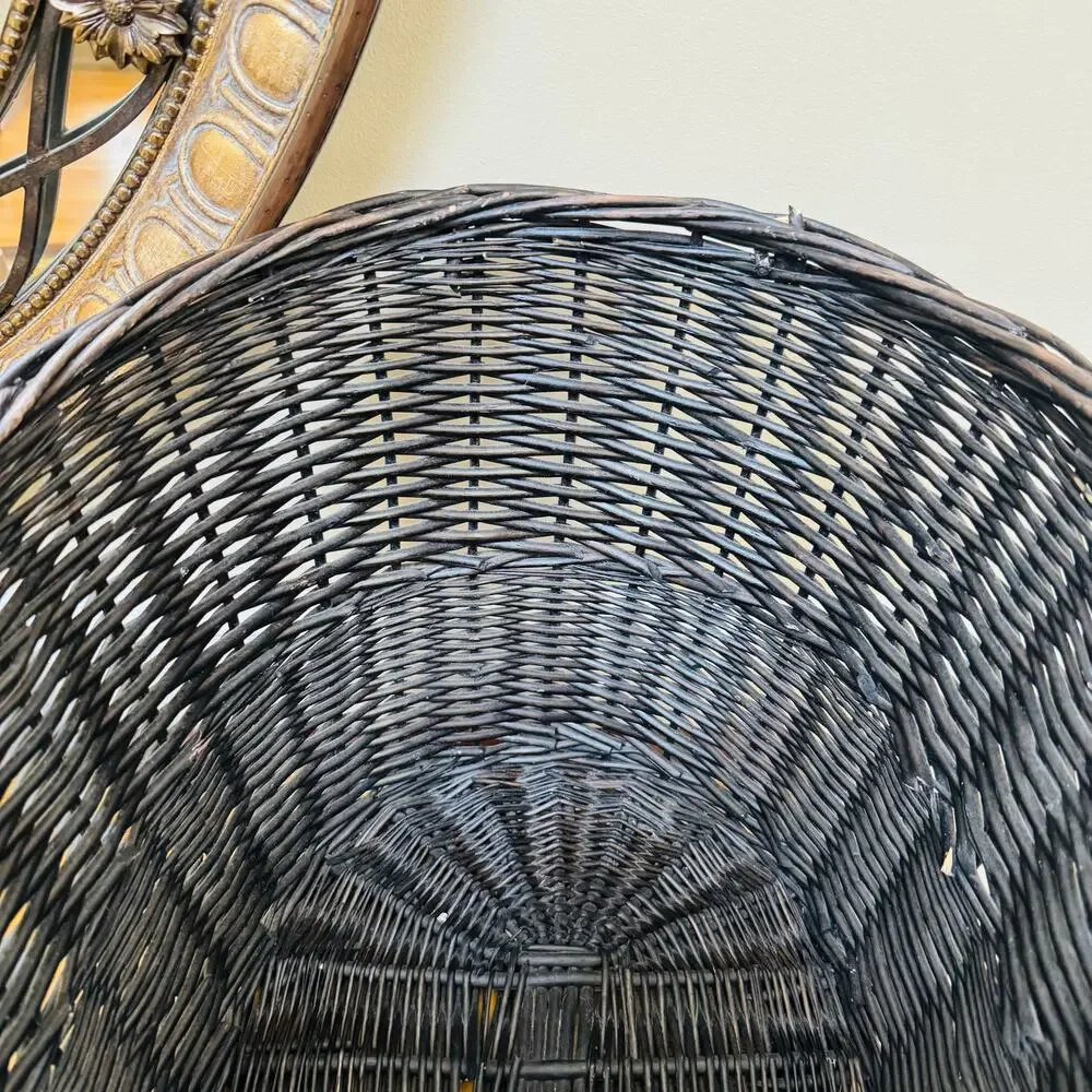 Boho Extra Large Deep Oval Dark Brown Rattan Storage Basket w Braid Loop Handle